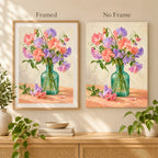 Pastel pink, coral, and lavender sweet peas in a green glass bottle: framed and no-frame style comparison