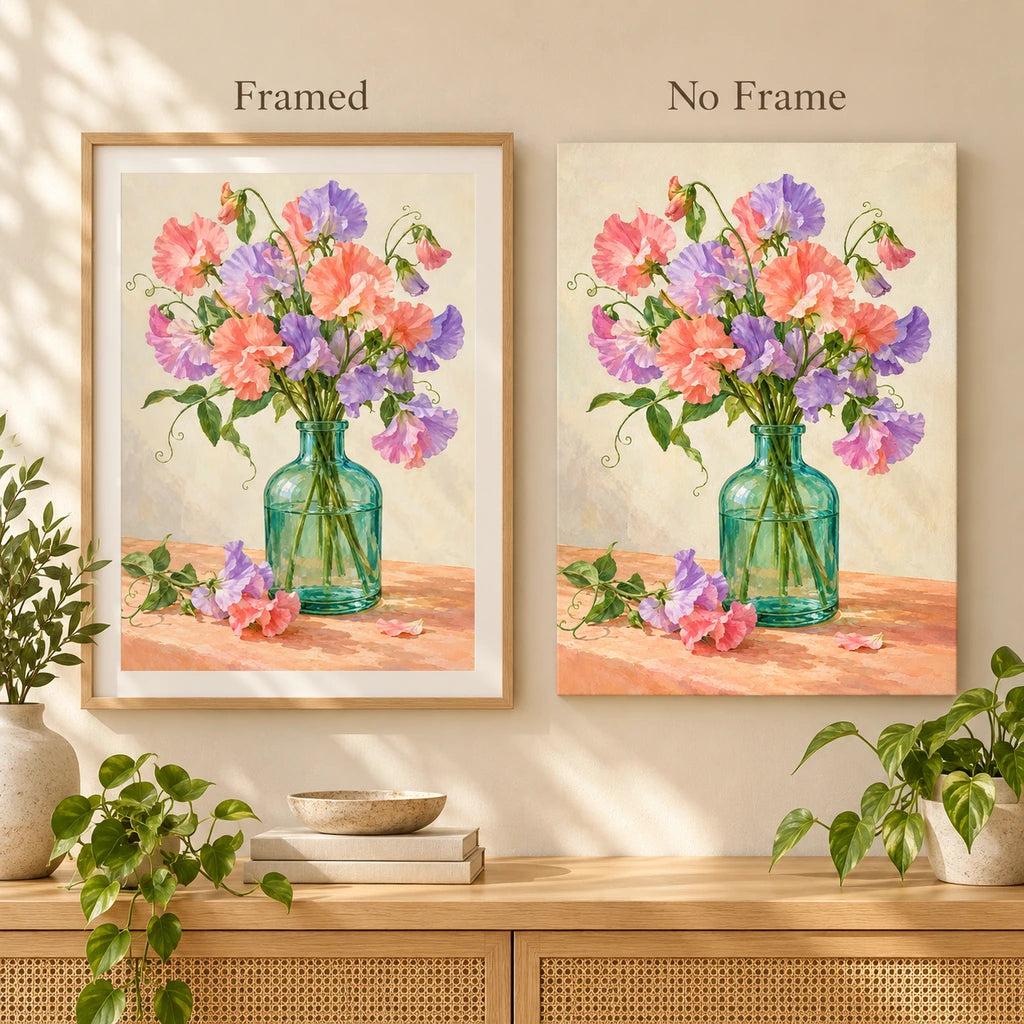 Pastel pink, coral, and lavender sweet peas in a green glass bottle: framed and no-frame style comparison