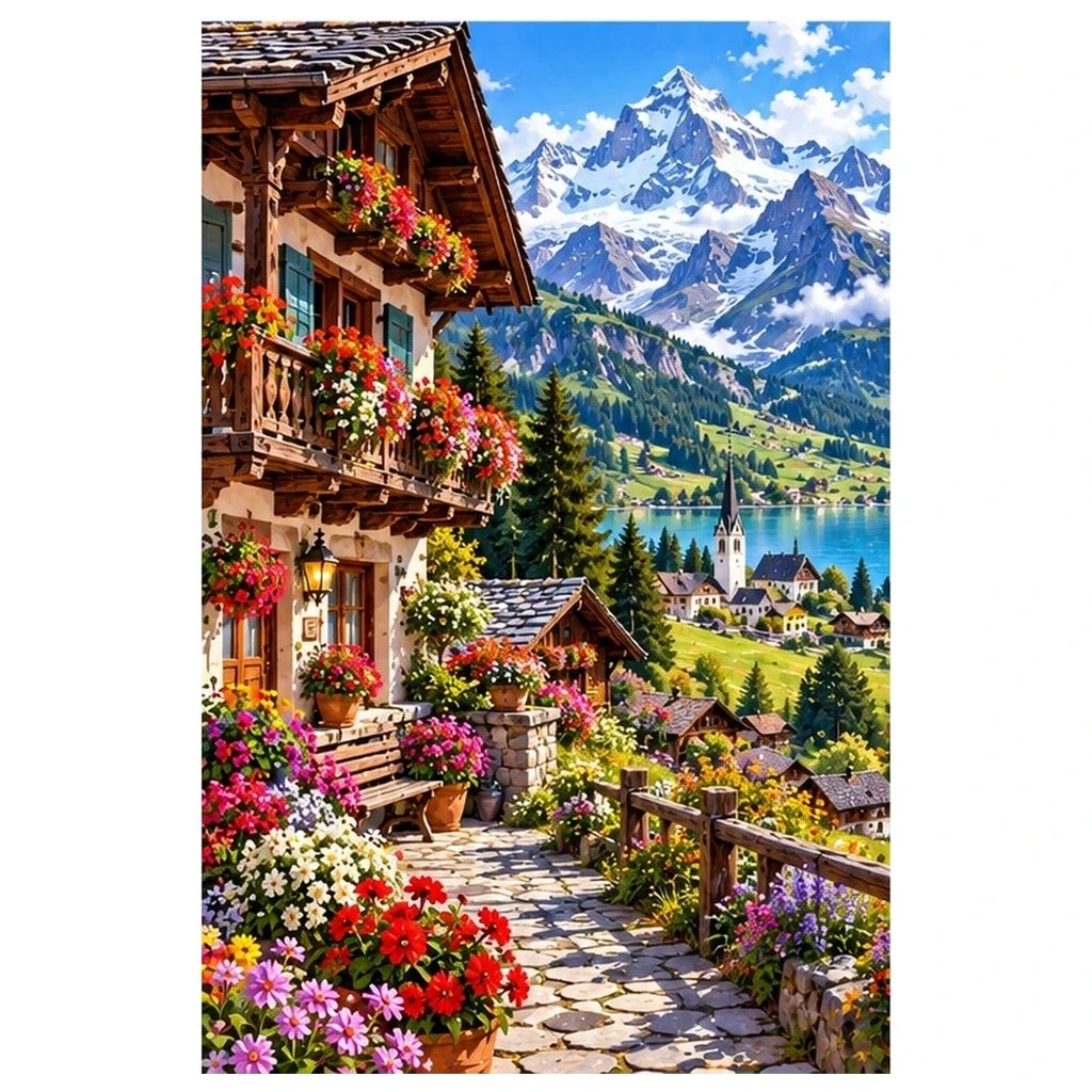 Swiss Alps Flower Chalet original artwork on white