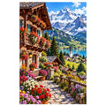 Swiss Alps Flower Chalet original artwork on white
