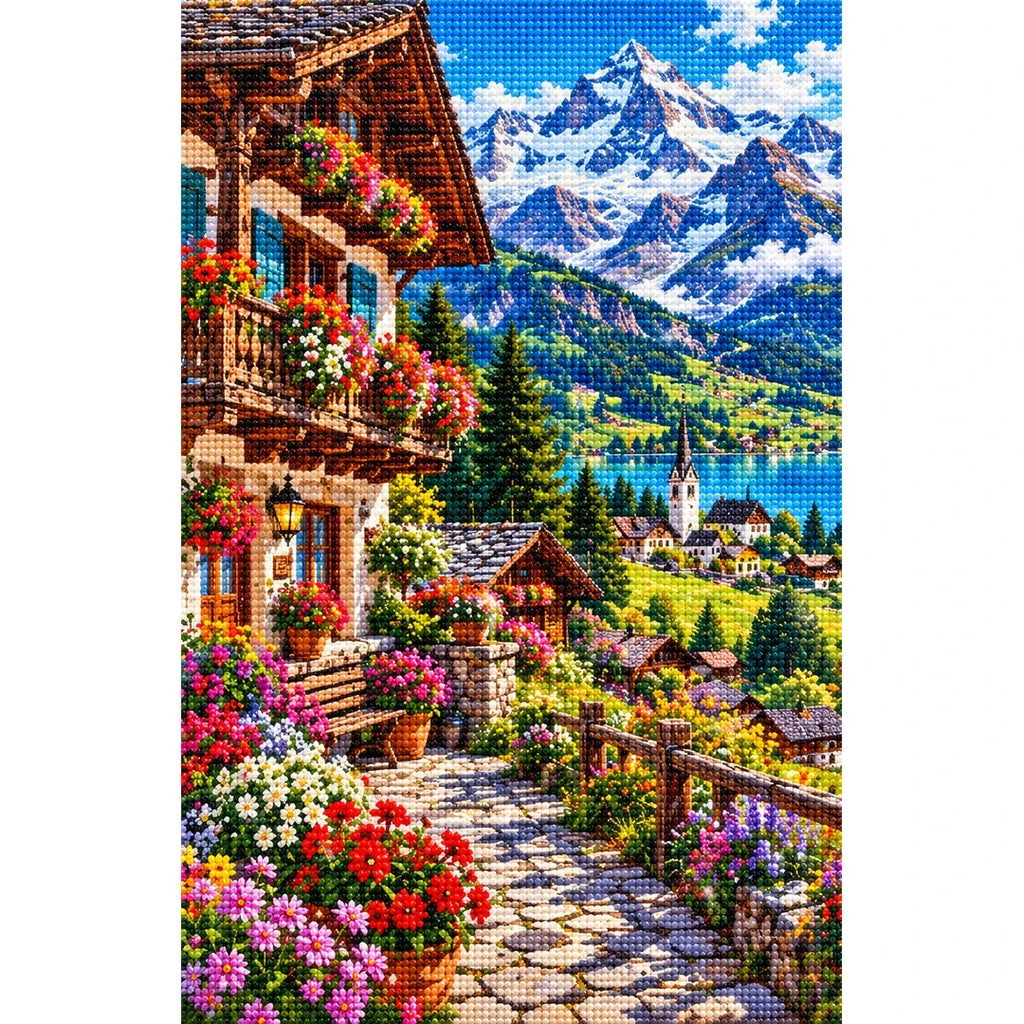 Swiss Alps Flower Chalet finished diamond painting on white