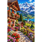 Swiss Alps Flower Chalet finished diamond painting on white