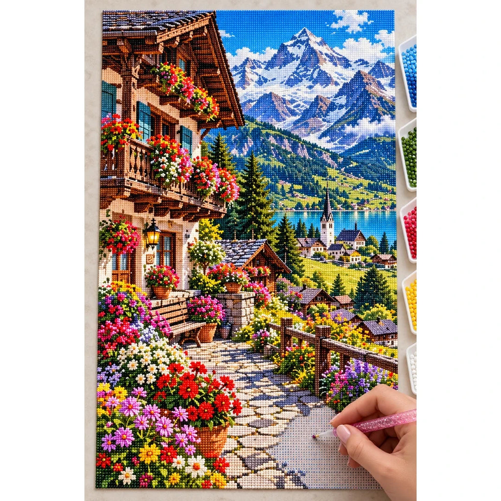 Swiss Alps Flower Chalet diamond painting process