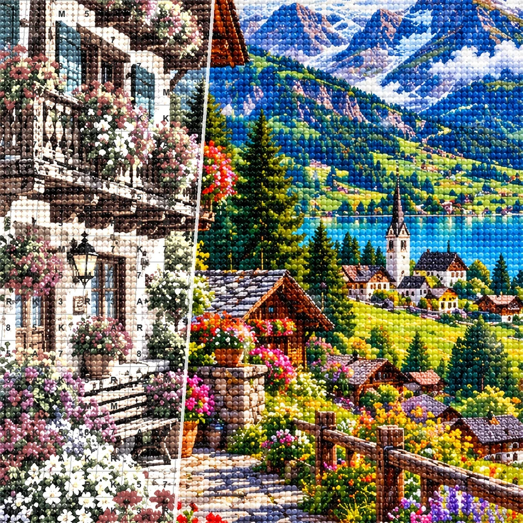 Swiss Alps Flower Chalet canvas and resin drill detail