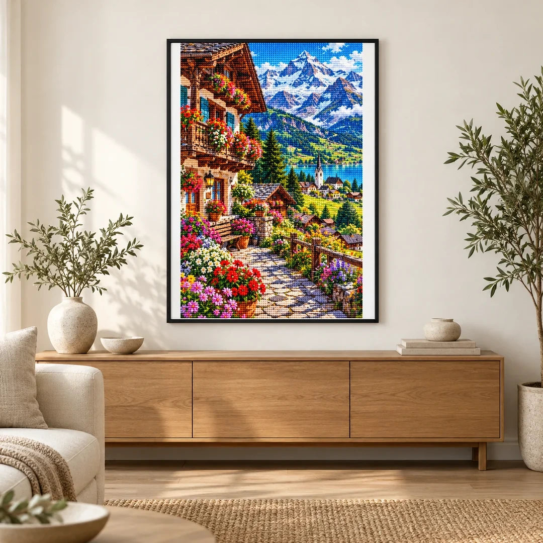 Swiss Alps Flower Chalet finished artwork in home décor
