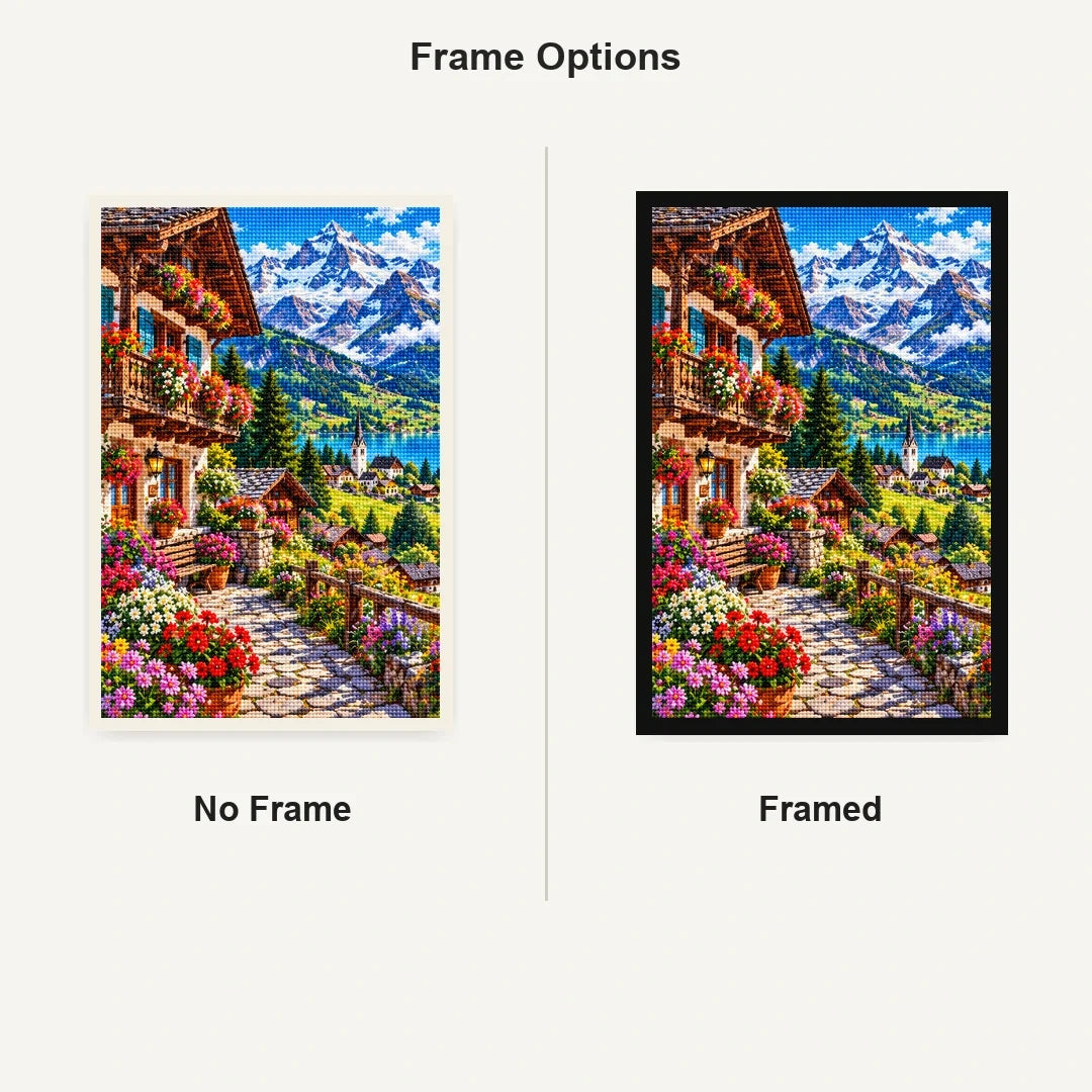 Swiss Alps Flower Chalet No Frame and Framed comparison