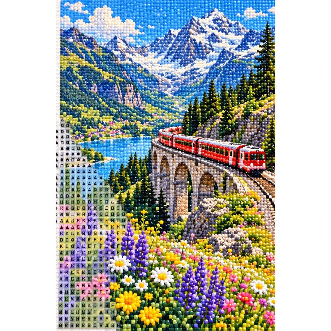 Swiss Alps Red Train diamond and canvas detail