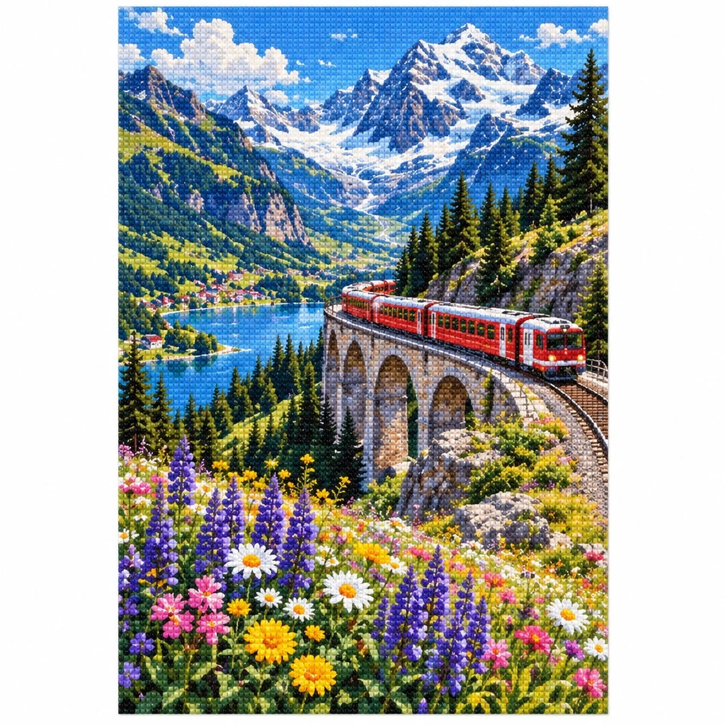 Swiss Alps Red Train finished diamond artwork on white background