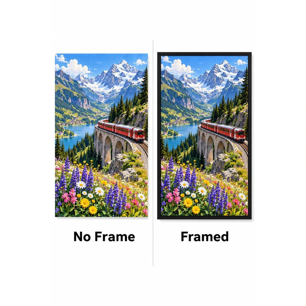 Swiss Alps Red Train No Frame and Framed comparison