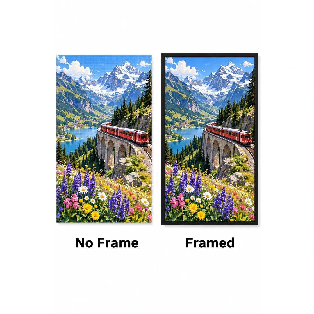 Swiss Alps Red Train No Frame and Framed comparison