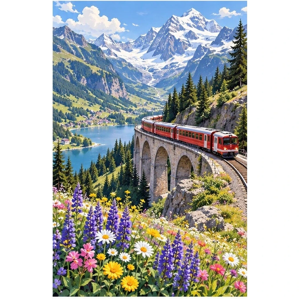 Swiss Alps Red Train original artwork on white background