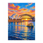 White-background finished diamond painting of Sydney Opera House Harbor.