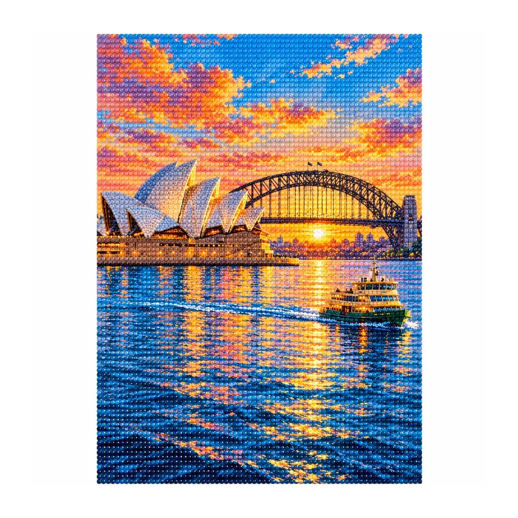 White-background finished diamond painting of Sydney Opera House Harbor.