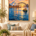 Framed Sydney Opera House Harbor diamond painting displayed as home decor.