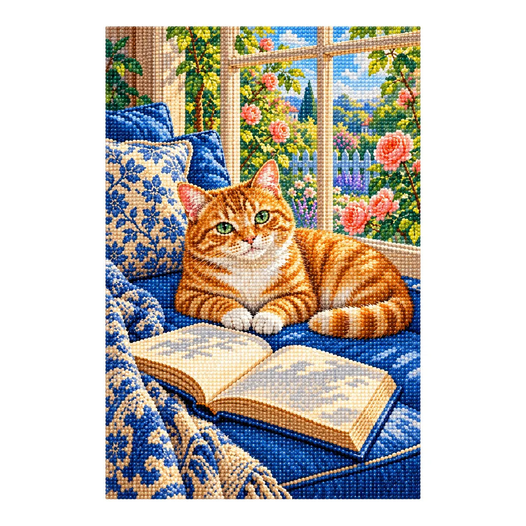 Orange tabby reading by a sunny window: finished diamond painting on a clean white background