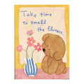 White-background original artwork of a seated brown bear beside a striped vase of flowers with the words Take time to smell the flowers for a diamond painting kit