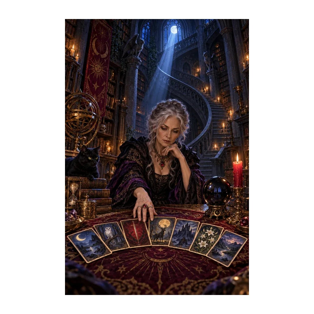 Original artwork of a tarot reader seated in a candlelit library with a spread of cards.