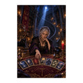 Original artwork of a tarot reader seated in a candlelit library with a spread of cards.