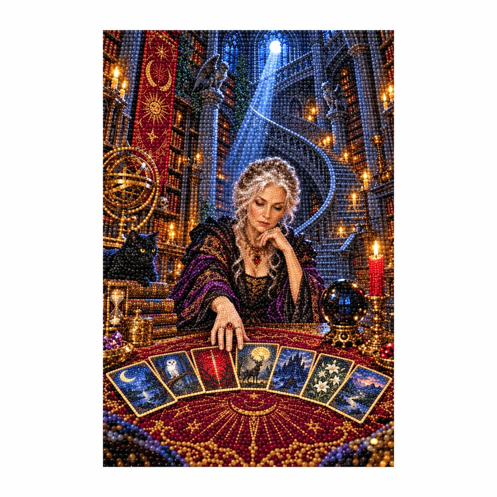 Completed diamond painting of a tarot reader in a library.