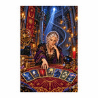 Completed diamond painting of a tarot reader in a library.
