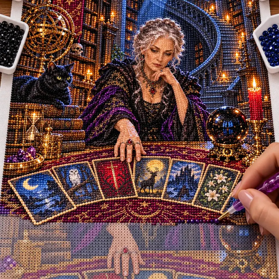 Hands placing drills on the tarot reader and card spread diamond painting canvas.