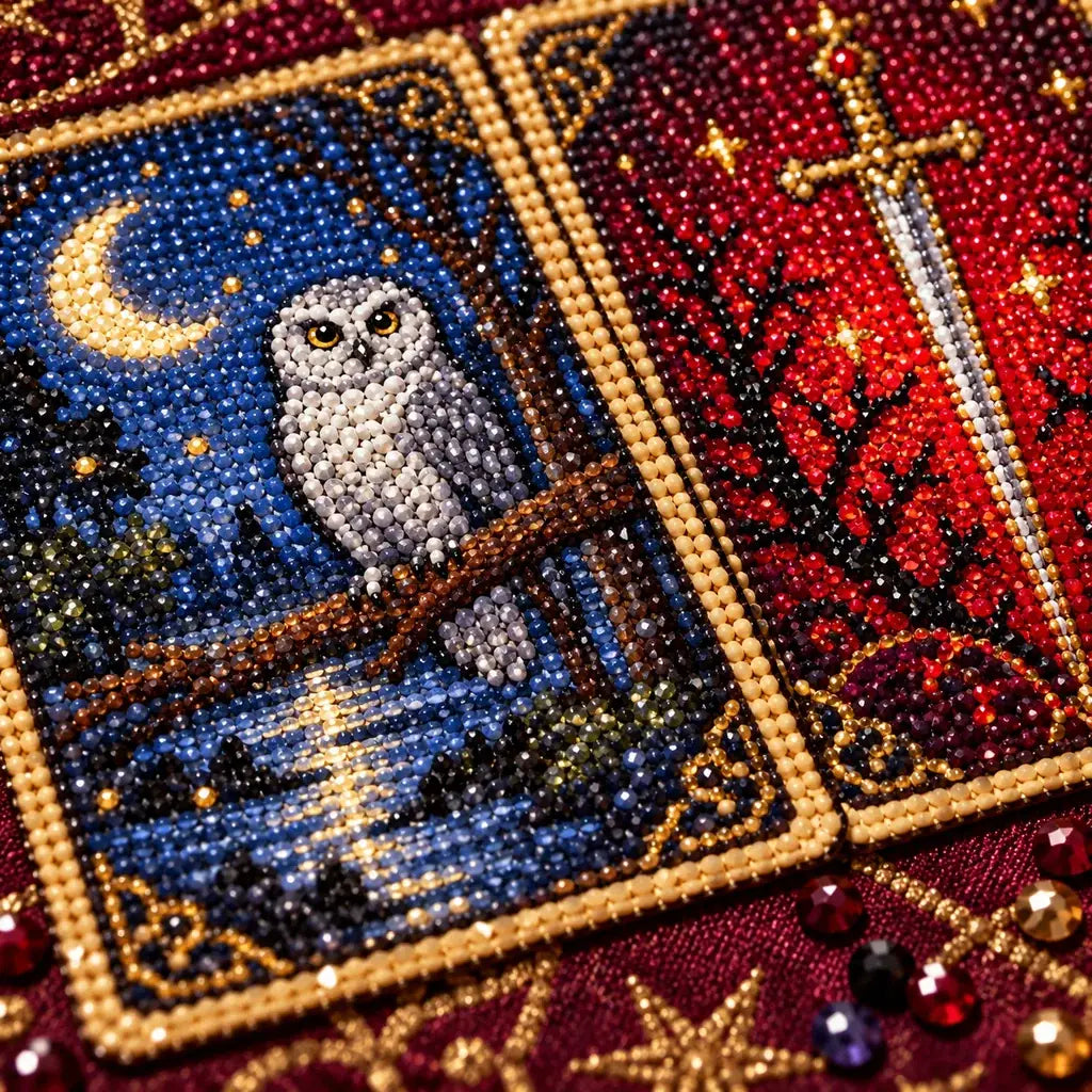 Close-up of the diamond drills on a tarot card and owl detail.