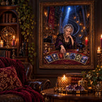 Framed tarot reader diamond painting displayed in a warm, book-filled room.