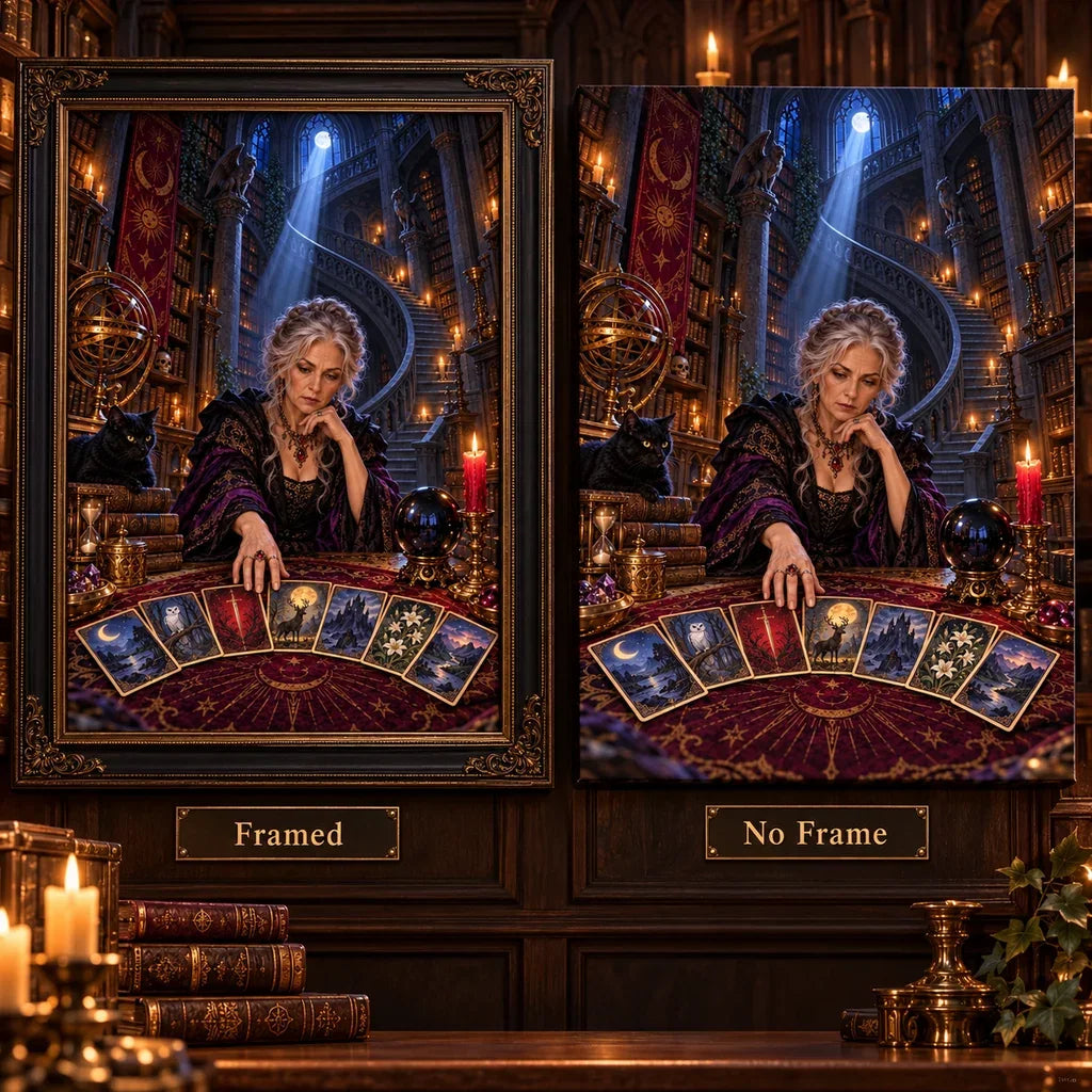 Framed and no-frame options for the tarot reader diamond painting.