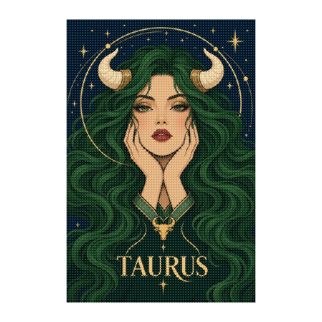 Finished white-background diamond painting of Taurus Emerald Bull Priestess