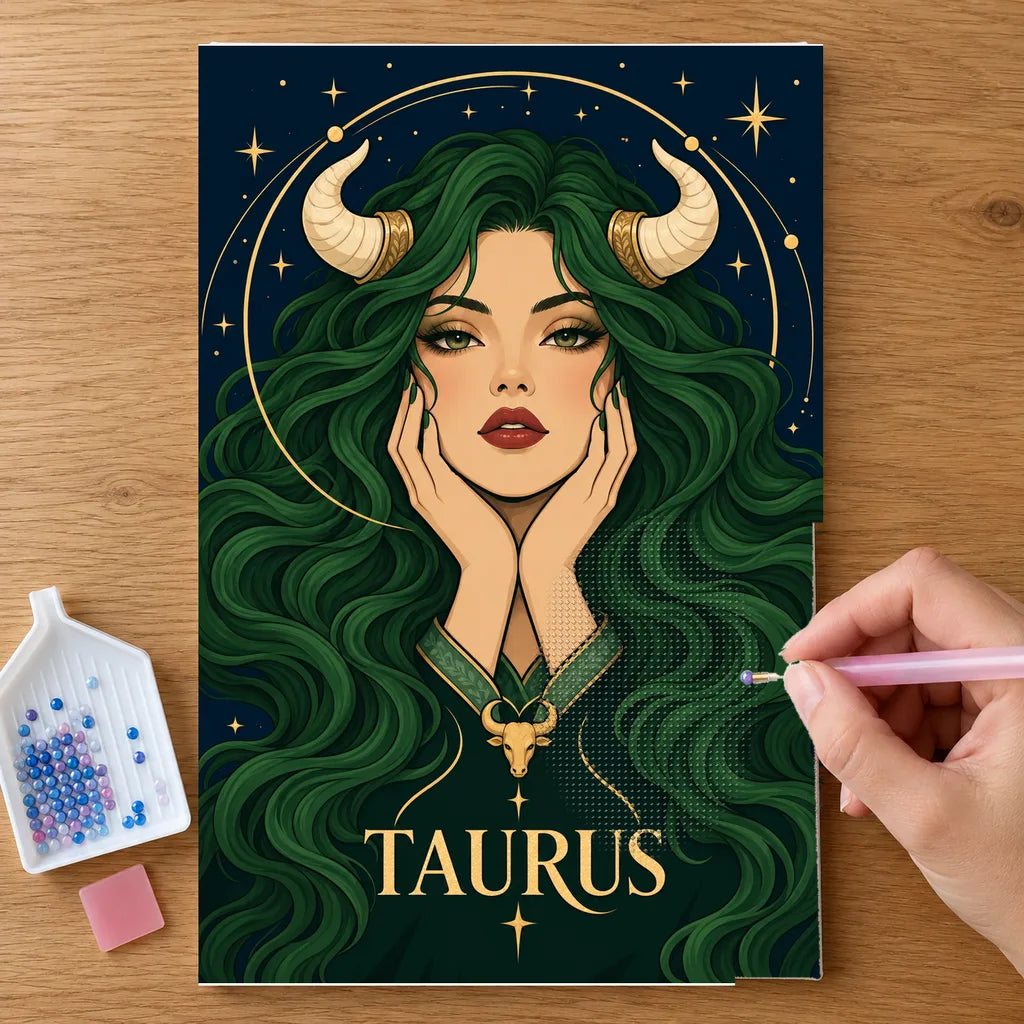 Hands placing drills on the Taurus Emerald Bull Priestess diamond painting canvas
