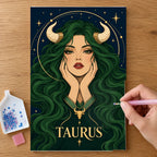 Hands placing drills on the Taurus Emerald Bull Priestess diamond painting canvas