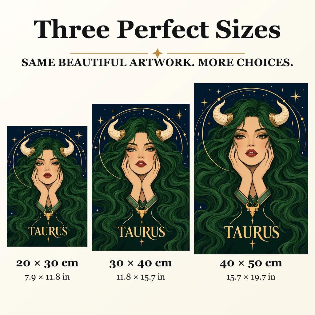 Taurus Emerald Bull Priestess diamond painting in 20 by 30, 30 by 40, and 40 by 50 centimeter sizes