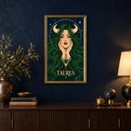 Framed Taurus Emerald Bull Priestess diamond painting displayed in a home interior