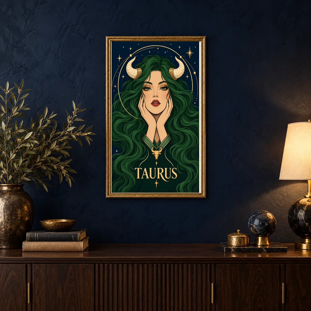 Framed Taurus Emerald Bull Priestess diamond painting displayed in a home interior