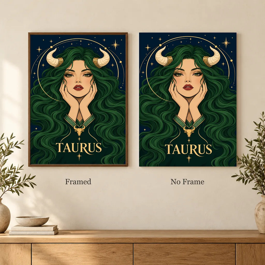 Framed and no-frame options for the Taurus Emerald Bull Priestess diamond painting