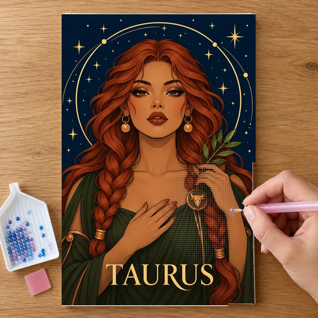 Hands placing drills on the Taurus Copper Earth Keeper diamond painting canvas