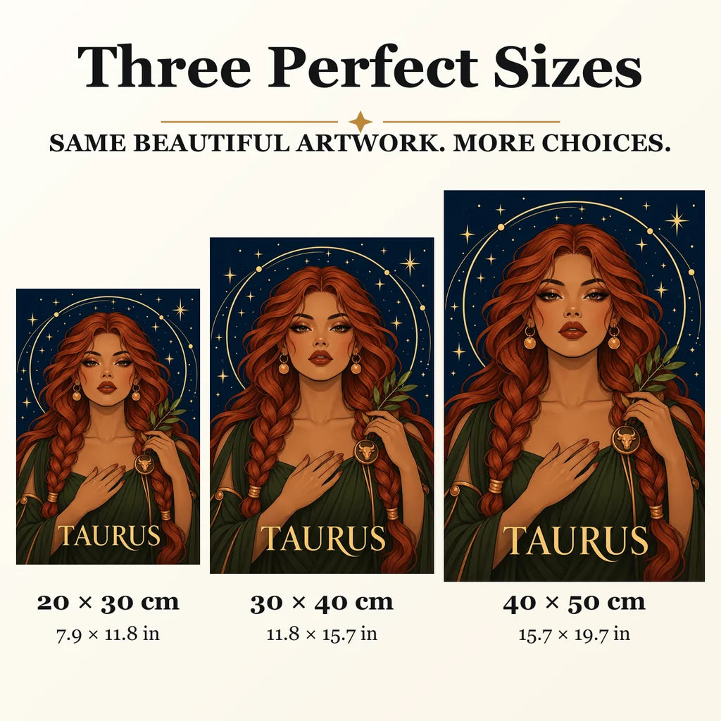 Taurus Copper Earth Keeper diamond painting in 20 by 30, 30 by 40, and 40 by 50 centimeter sizes