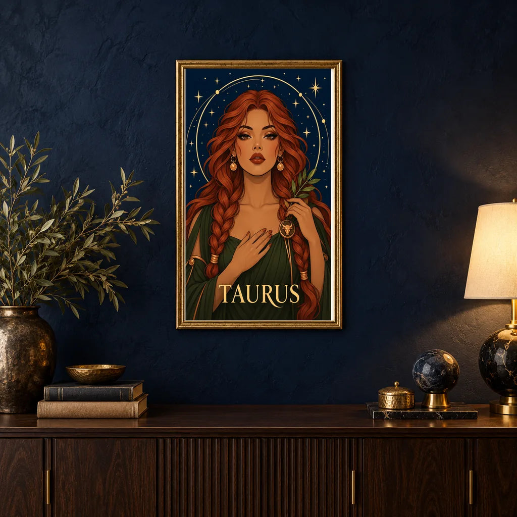 Framed Taurus Copper Earth Keeper diamond painting displayed in a home interior