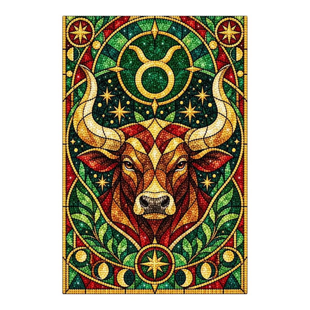 Finished white-background diamond painting of a stained glass Taurus bull