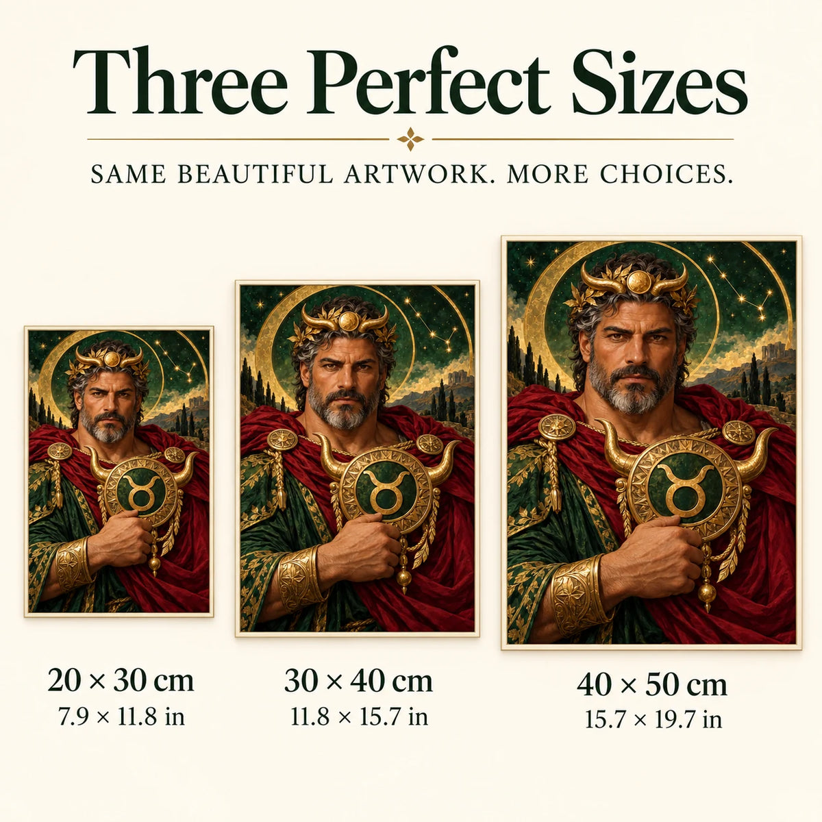 Three-size guide 20 × 30, 30 × 40, 40 × 50 cm for Taurus guardian and bull emblem