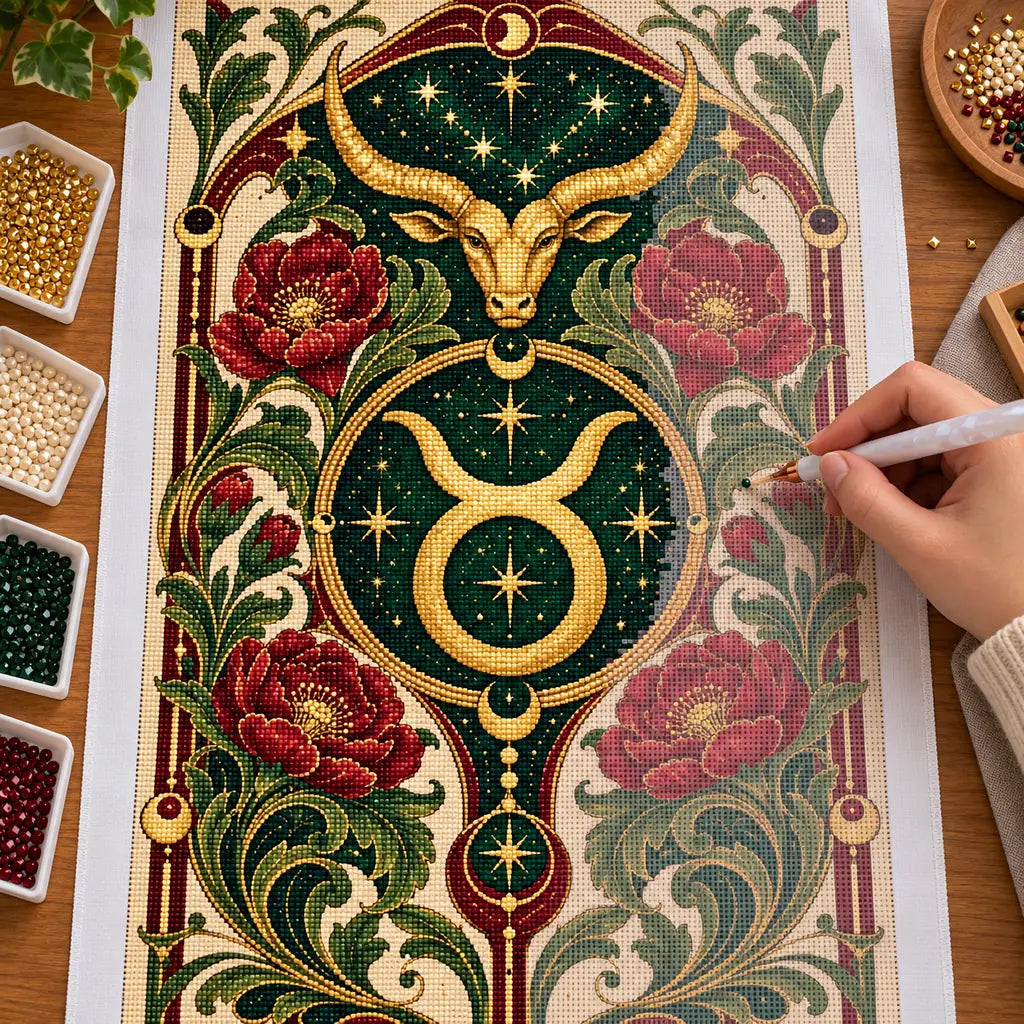 Hands creating the Taurus Nouveau bull diamond painting with round and square drills