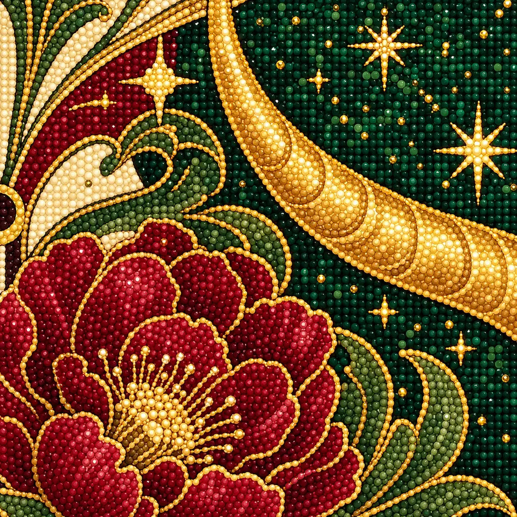Close-up detail of colorful drills in the Taurus bull and peonies diamond painting
