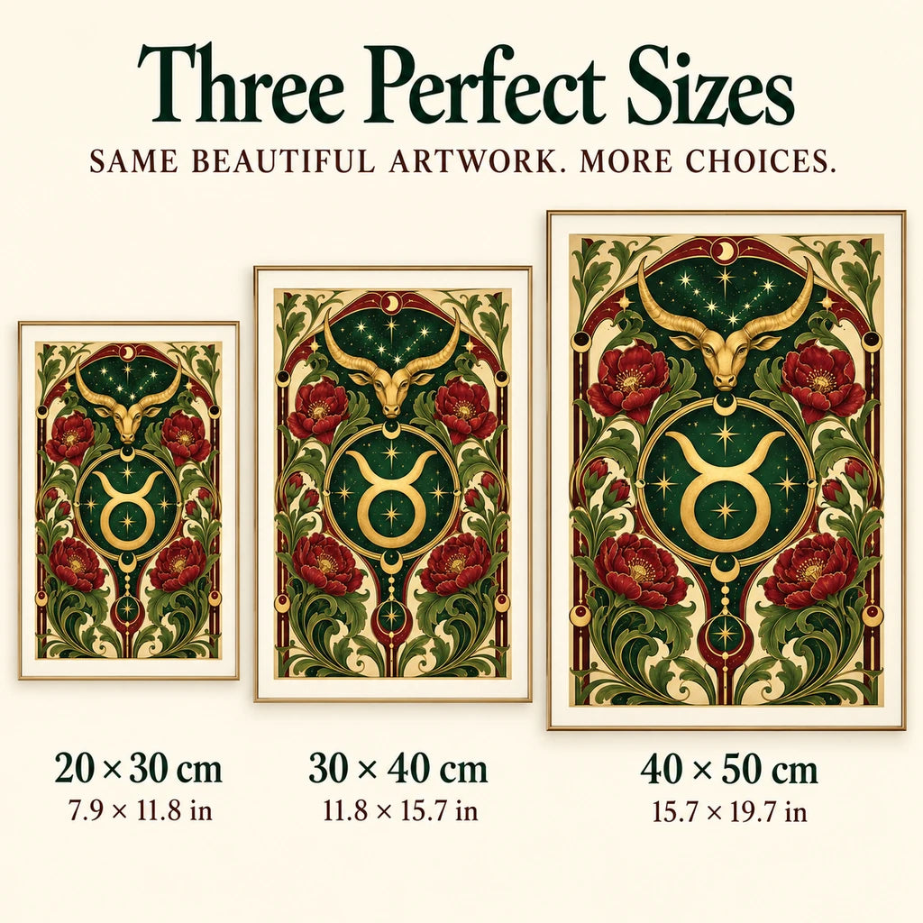Taurus Nouveau diamond painting size guide showing 20 by 30, 30 by 40, and 40 by 50 centimeters