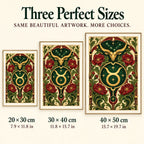 Taurus Nouveau diamond painting size guide showing 20 by 30, 30 by 40, and 40 by 50 centimeters