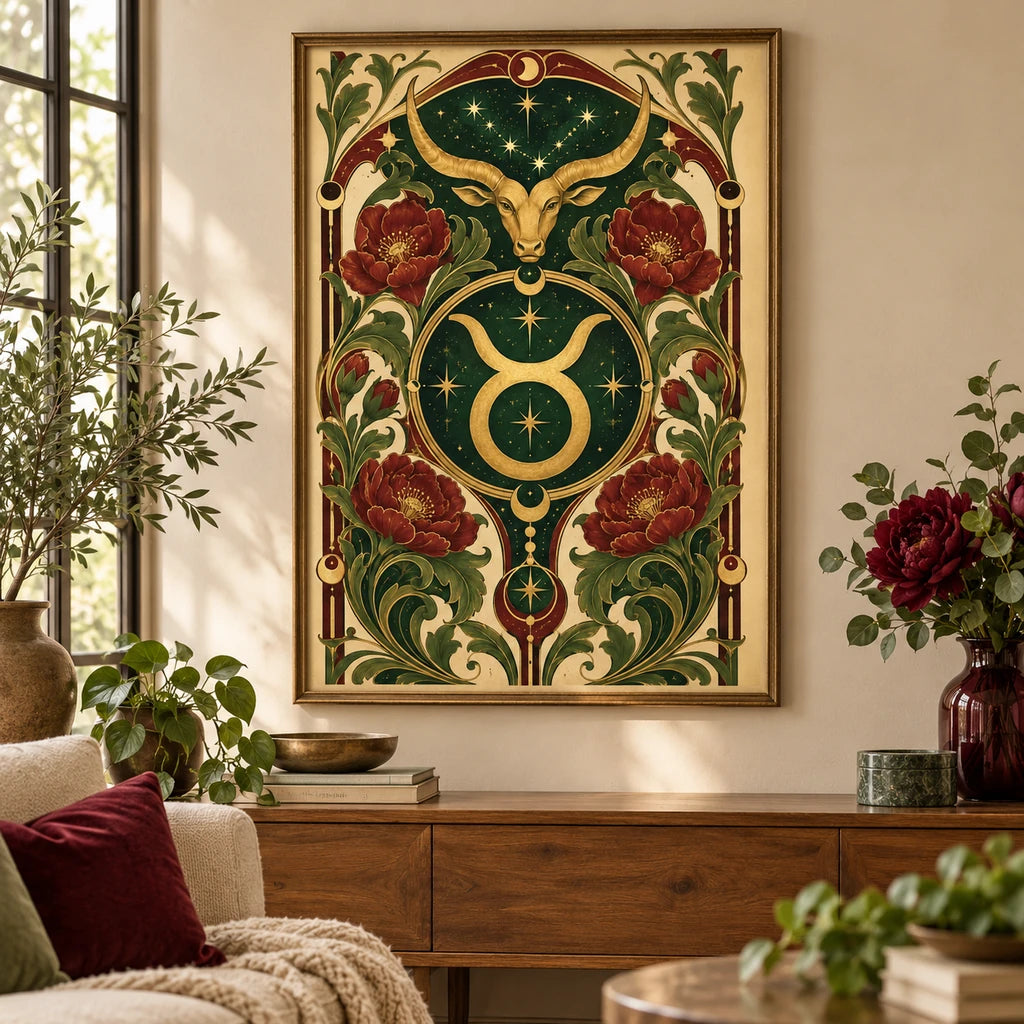 Taurus Nouveau bull and peonies diamond painting displayed as home decor
