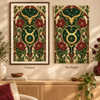 Taurus Nouveau bull and peonies diamond painting shown framed and without a frame