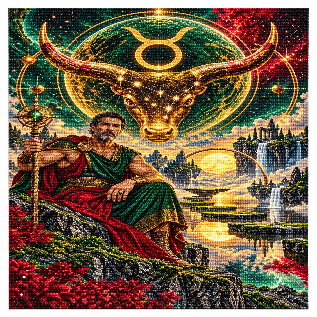 Finished white-background diamond painting of Taurus Celestial Bull Oracle