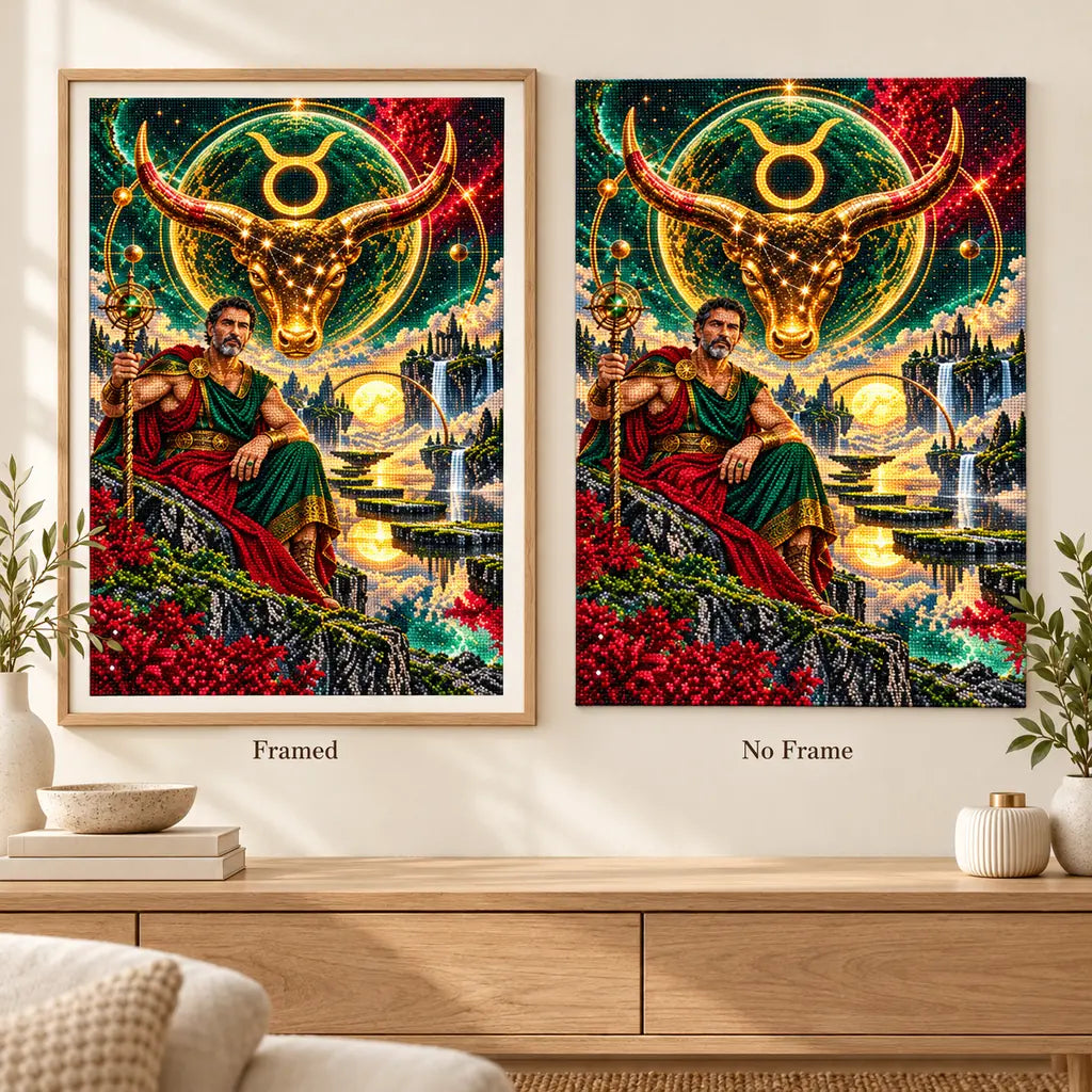 Framed and no-frame comparison for the Taurus Celestial Bull Oracle diamond painting
