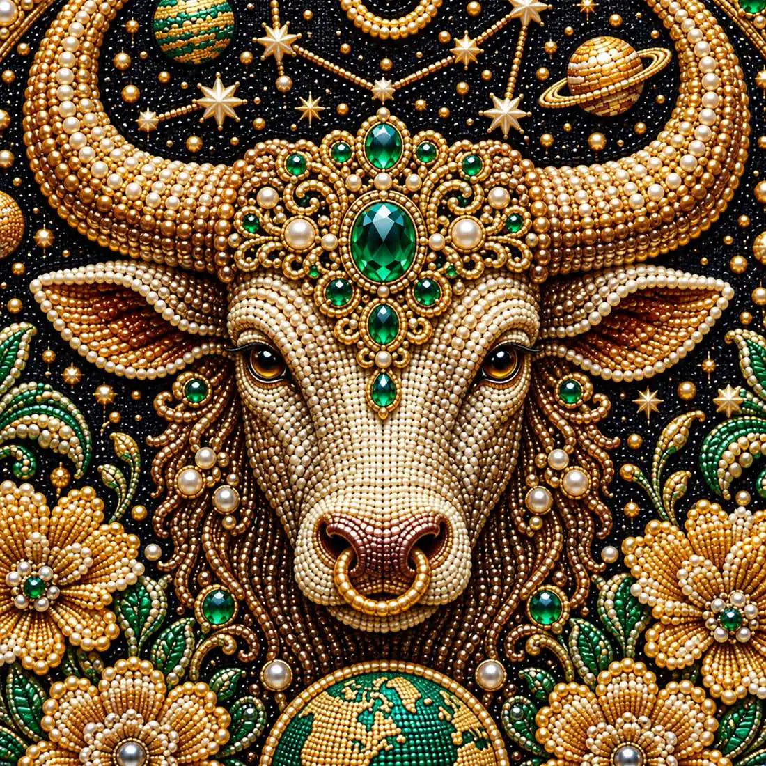 Close-up of glossy pearls and printed canvas in the taurus design