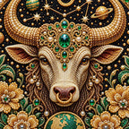 Close-up of glossy pearls and printed canvas in the taurus design